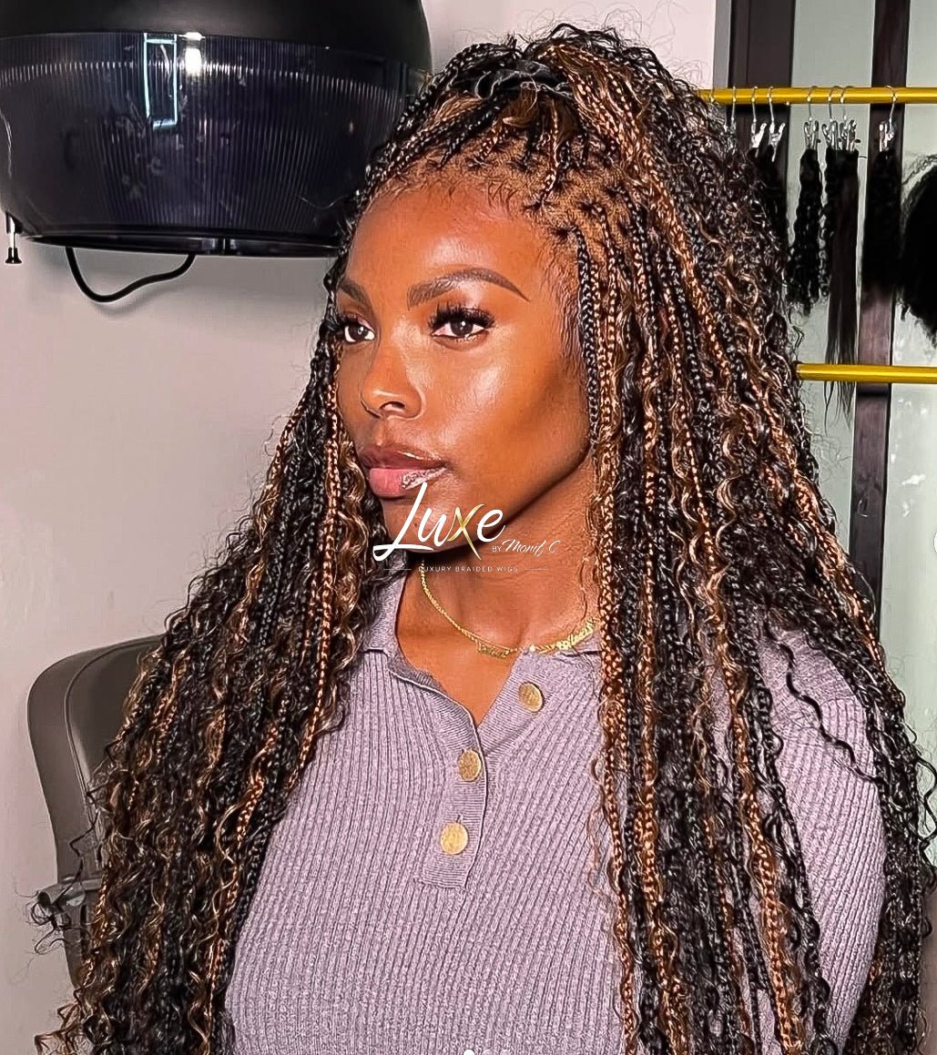 "Aminat" HD Full Lace Human Hair Boho Braided Wig - 1B with Color 30 Highlights - Luxury HD Braided Wigs for Black Women