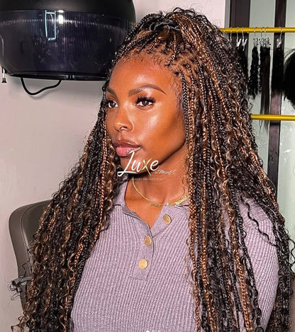"Aminat" HD Full Lace Human Hair Boho Braided Wig - 1B with Color 30 Highlights - Luxury HD Braided Wigs for Black Women